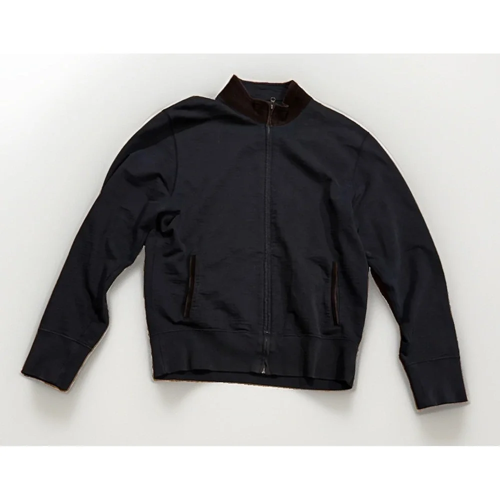 Billy Reid Jacket Mens L Navy Brown Cotton Full Zip Bomber Suede Trim